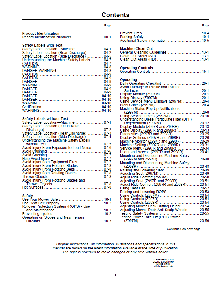 OMUC42688E - JOHN DEERE ZERO TURN DIESEL Z997M, Z998R ZERO TURN DIESEL Z997R OPERATOR MANUAL