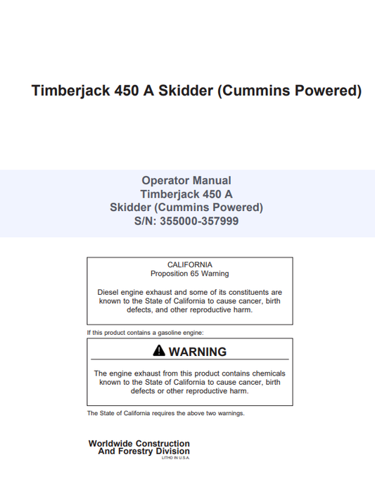 JOHN DEERE TIMBERJACK 450 A SKIDDER (CUMMINS POWERED) OPERATOR MANUAL 8044610
