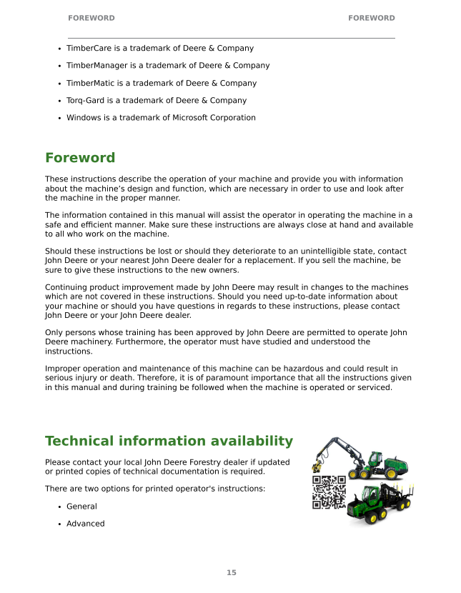 JOHN DEERE 1270H, 1470H FT4 HARVESTER OPERATOR INSTRUCTION MANUAL F743800