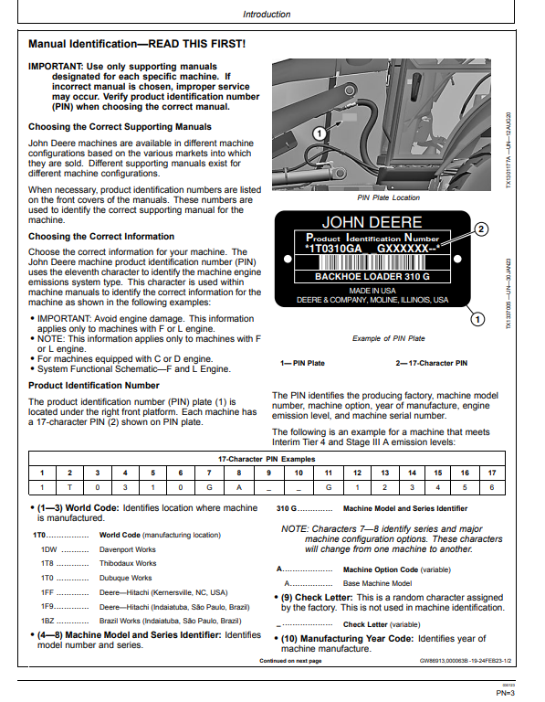 JOHN DEERE 310L EP BACKHOE LOADER OPERATOR MANUAL OMT425669X19