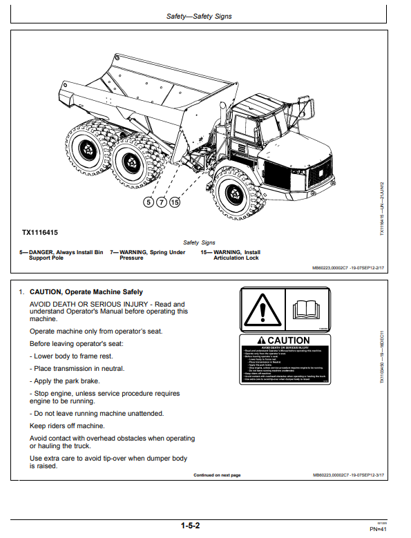 JOHN DEERE 370E, 410E AND 460E ARTICULATED DUMP TRUCK OPERATOR MANUAL OMT284806