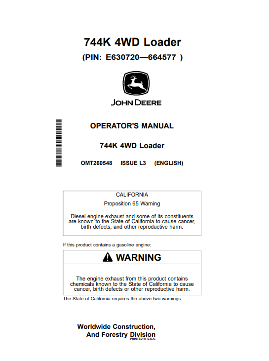 JOHN DEERE 744K 4WD LOADER OPERATOR MANUAL OMT260548