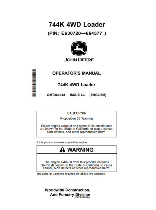 JOHN DEERE 744K 4WD LOADER OPERATOR MANUAL OMT260548