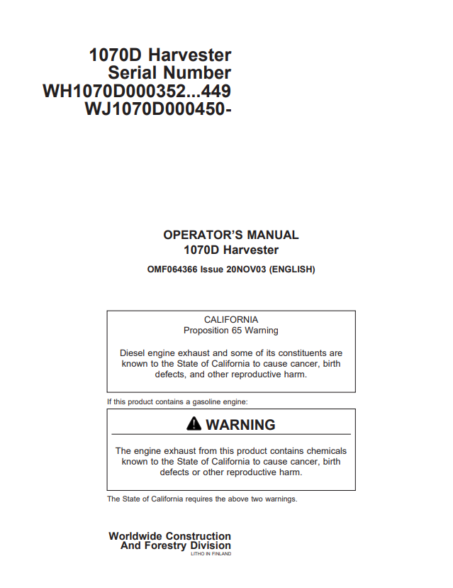 JOHN DEERE 1070D HARVESTER OPERATOR MANUAL OMF064366