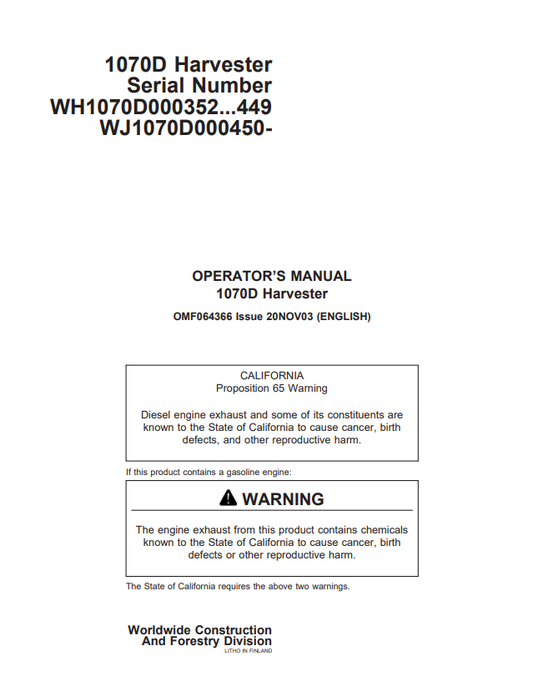 JOHN DEERE 1070D HARVESTER OPERATOR MANUAL OMF064366