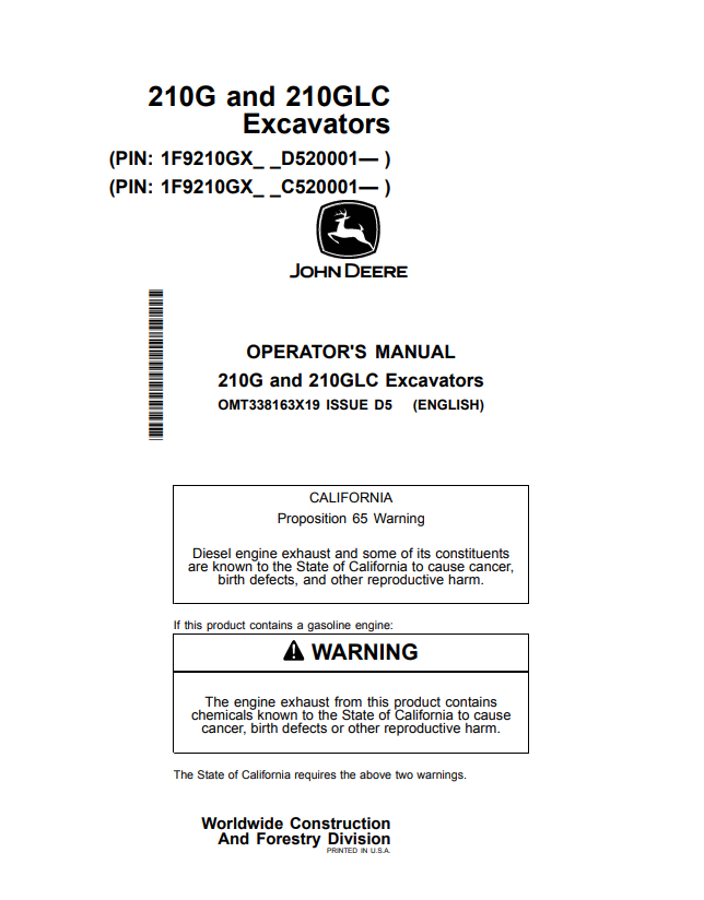 JOHN DEERE 210G AND 210GLC EXCAVATOR OPERATOR MANUAL OMT338163X19
