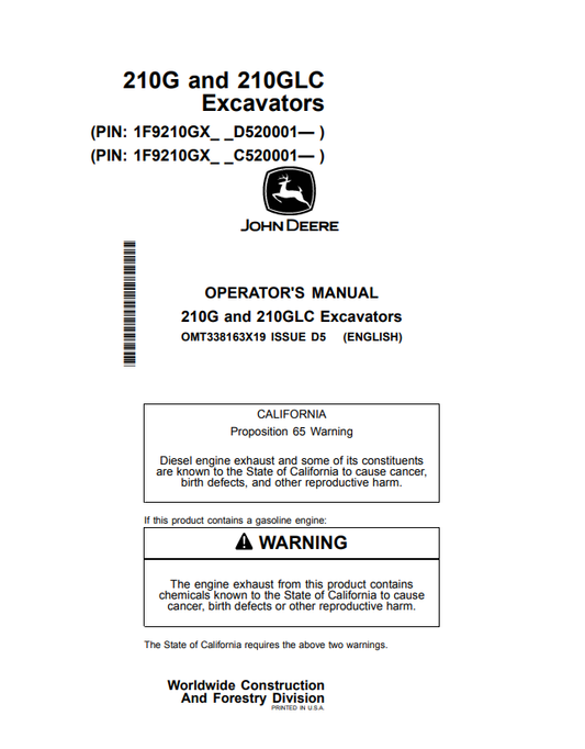 JOHN DEERE 210G AND 210GLC EXCAVATOR OPERATOR MANUAL OMT338163X19