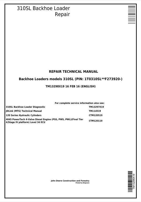 JOHN DEERE 310SL BACKHOE LOADER REPAIR TECHNICAL MANUAL TM13298X19