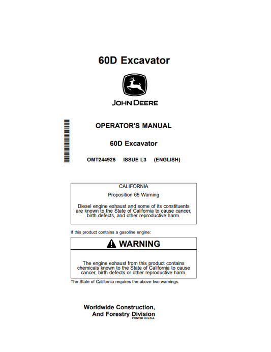 JOHN DEERE 60D EXCAVATOR OPERATOR MANUAL OMT244925