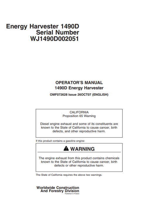 JOHN DEERE 1490D ENERGY HARVESTER OPERATOR MANUAL OMF072628
