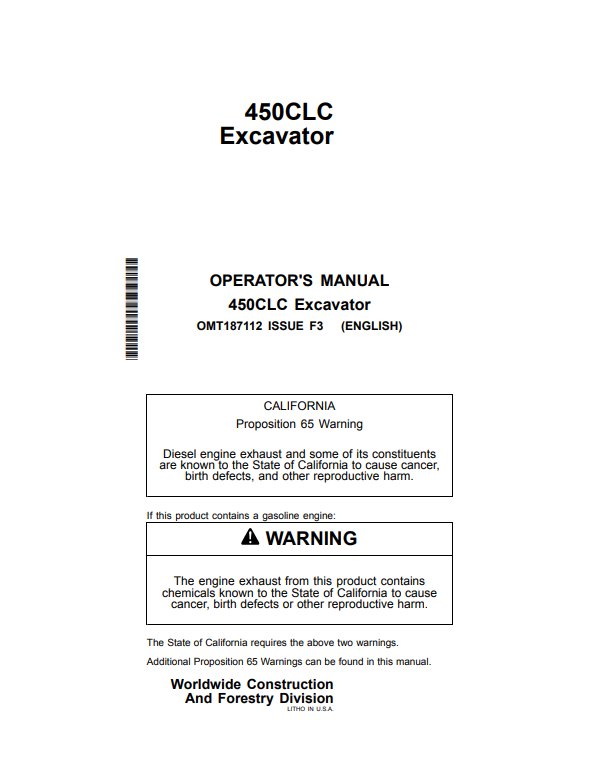 JOHN DEERE 450CLC EXCAVATOR OPERATOR MANUAL OMT187112