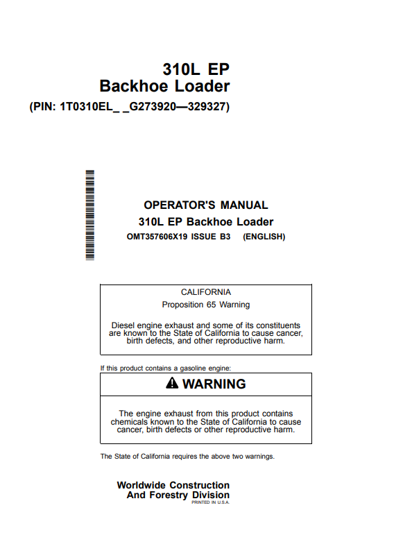 JOHN DEERE 310L EP BACKHOE LOADER OPERATOR MANUAL OMT357606X19