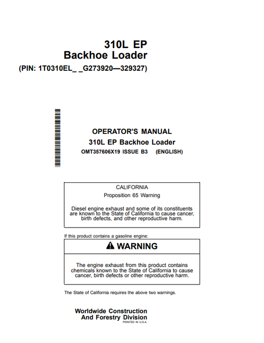 JOHN DEERE 310L EP BACKHOE LOADER OPERATOR MANUAL OMT357606X19