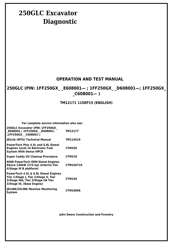 JOHN DEERE 250GLC EXCAVATOR DIAGNOSTIC OPERATION AND TEST MANUAL TM12171