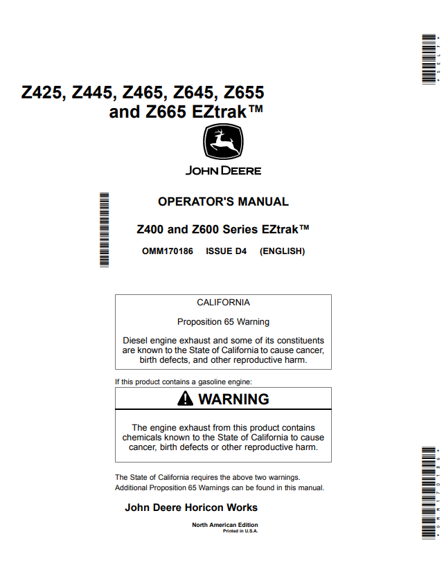 JOHN DEERE Z425, Z445, Z465, Z645, Z655 AND Z665 EZTRAK™ OPERATOR MANUAL OMM170186
