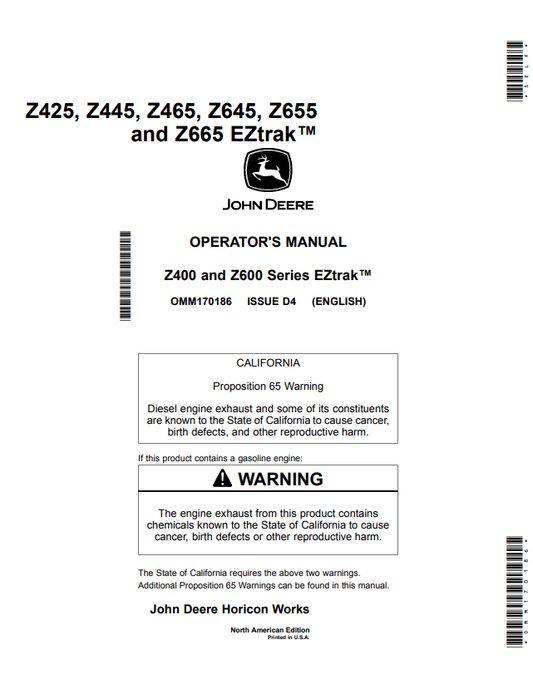 JOHN DEERE Z425, Z445, Z465, Z645, Z655 AND Z665 EZTRAK™ OPERATOR MANUAL OMM170186
