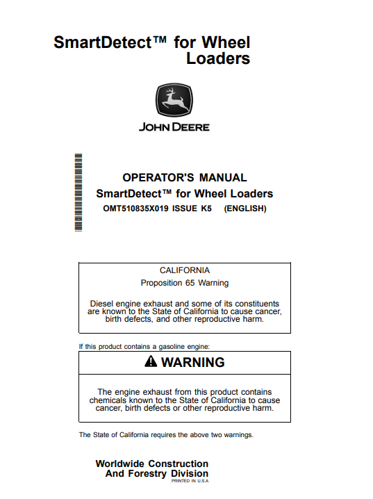 JOHN DEERE 744 P, 744 X, 824 P, 824 X, 844 P, 904 P SMARTDETECT™ FOR WHEEL LOADER OPERATOR MANUAL OMT510835X019