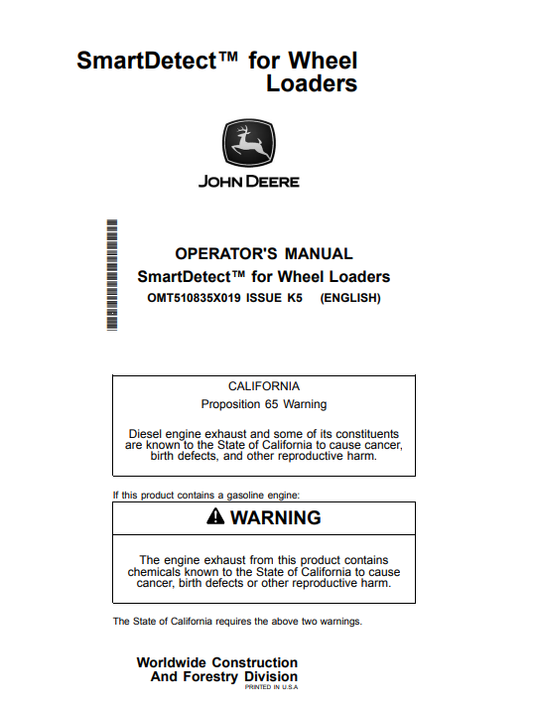 JOHN DEERE 744 P, 744 X, 824 P, 824 X, 844 P, 904 P SMARTDETECT™ FOR WHEEL LOADER OPERATOR MANUAL OMT510835X019