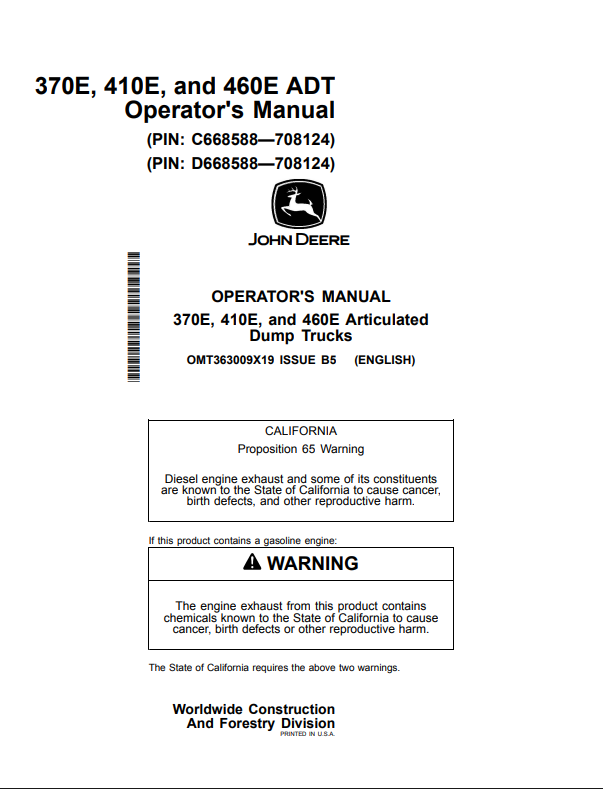 JOHN DEERE 370E, 410E, AND 460E ARTICULATED DUMP TRUCK OPERATOR MANUAL OMT363009X19