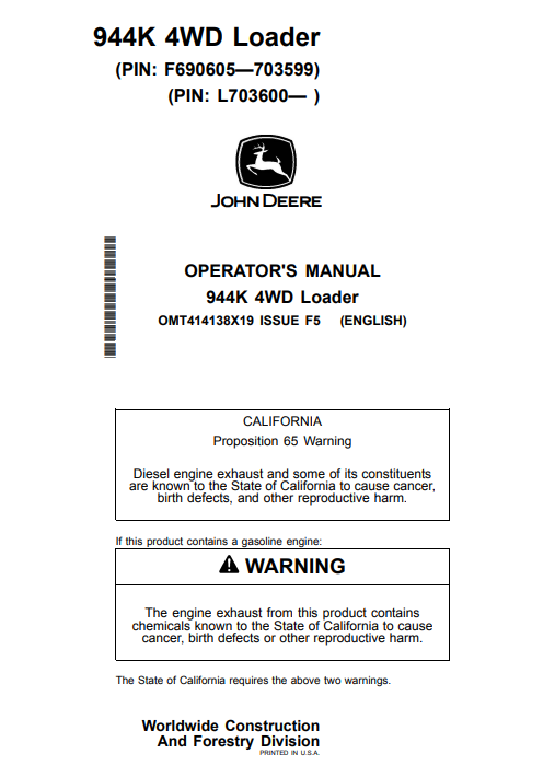 JOHN DEERE 944K 4WD LOADER OPERATOR MANUAL OMT414138X19