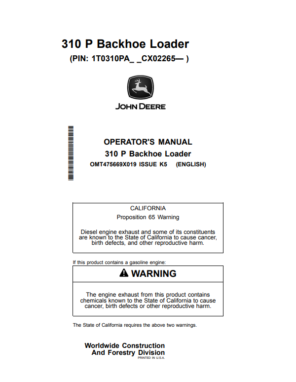 JOHN DEERE 310 P BACKHOE LOADER OPERATOR MANUAL OMT475669X019