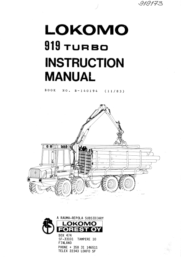 JOHN DEERE LOKOMO 919 TURBO INSTRUCTION MANUAL B140194
