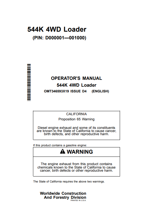 JOHN DEERE 544K 4WD LOADER OPERATOR MANUAL OMT346593X19