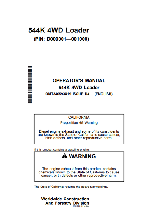 JOHN DEERE 544K 4WD LOADER OPERATOR MANUAL OMT346593X19