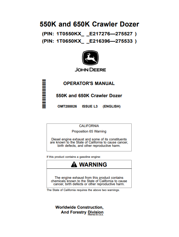 JOHN DEERE 550K AND 650K CRAWLER DOZER OPERATOR MANUAL OMT288826