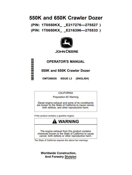 JOHN DEERE 550K AND 650K CRAWLER DOZER OPERATOR MANUAL OMT288826