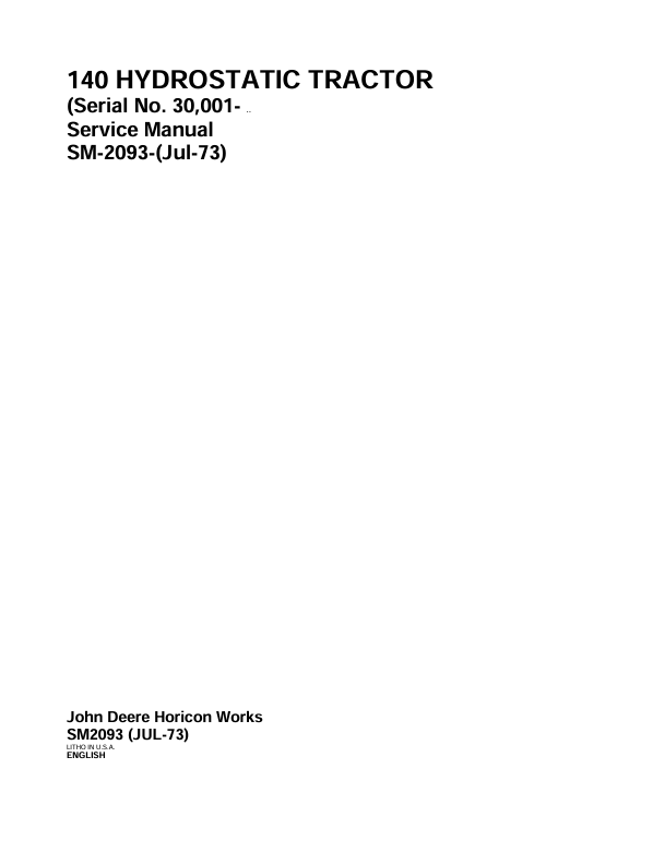 JOHN DEERE 140 HYDROSTATIC TRACTOR SERVICE MANUAL SM2093