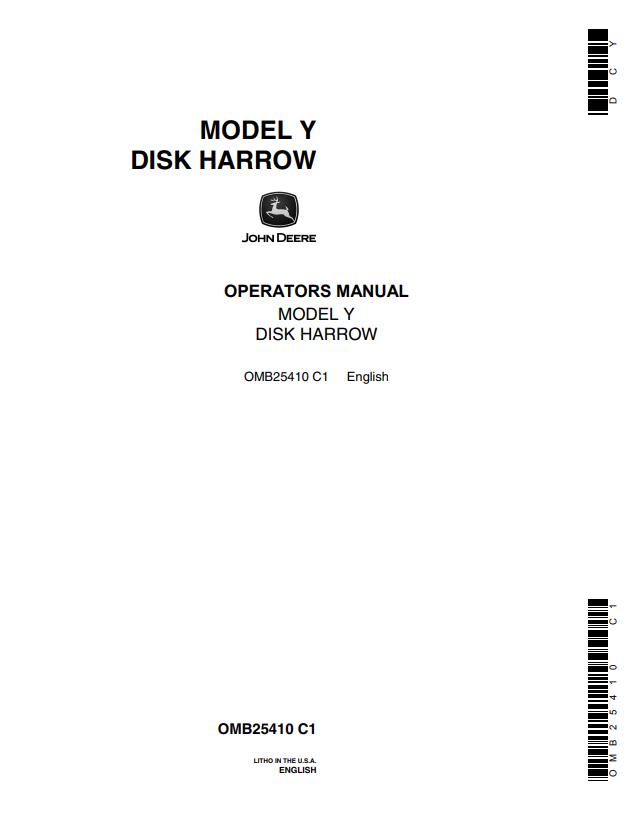 JOHN DEERE Y DISK HARROW OPERATOR MANUAL OMB25410