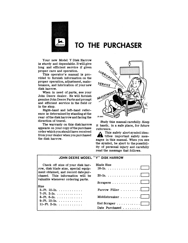 JOHN DEERE Y DISK HARROW OPERATOR MANUAL OMB25410