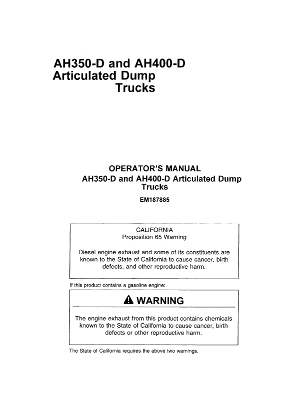 HITACHI AH350-D, AH400-D ARTICULATED DUMP TRUCK OPERATOR MANUAL EM187885