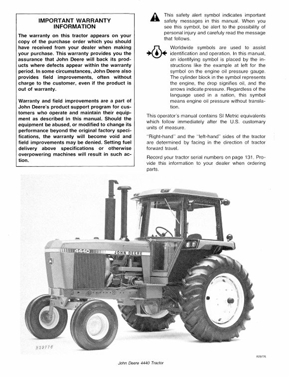 JOHN DEERE 4440 TRACTOR OPERATOR MANUAL OMR65461