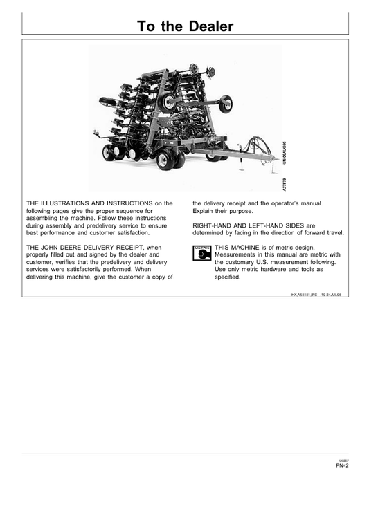 JOHN DEERE 1850 NO TILL AIR DRILL PRE DELIVERY INSTRUCTION MANUAL PDIA58181