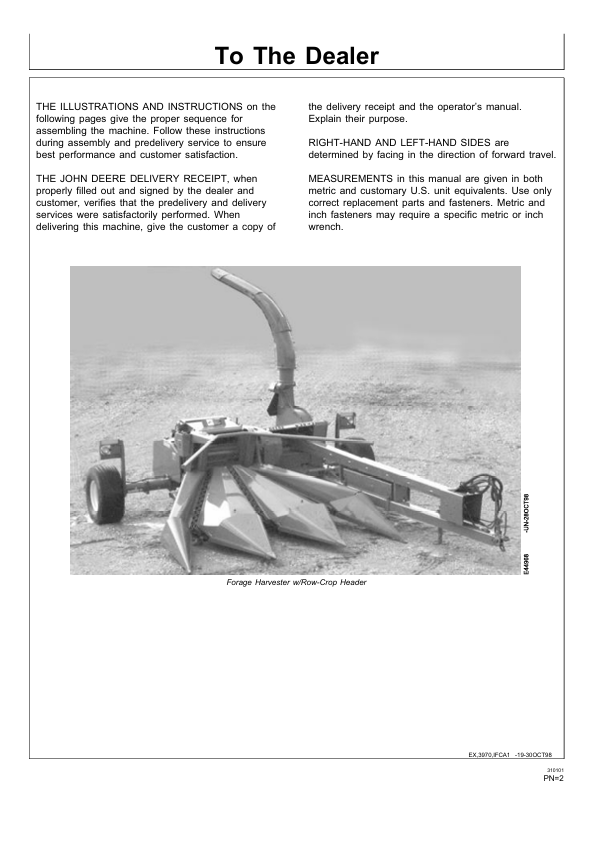 JOHN DEERE FORAGE HARVERSTER 3950, 3970 PDIE95203 K8 PRE DELIVERY INSTRUCTION MANUAL