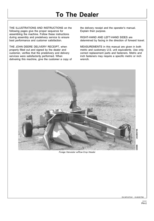 JOHN DEERE FORAGE HARVERSTER 3950, 3970 PDIE95203 K8 PRE DELIVERY INSTRUCTION MANUAL
