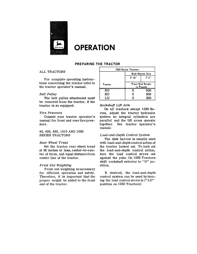 JOHN DEERE Y DISK HARROW OPERATOR MANUAL OMB25410