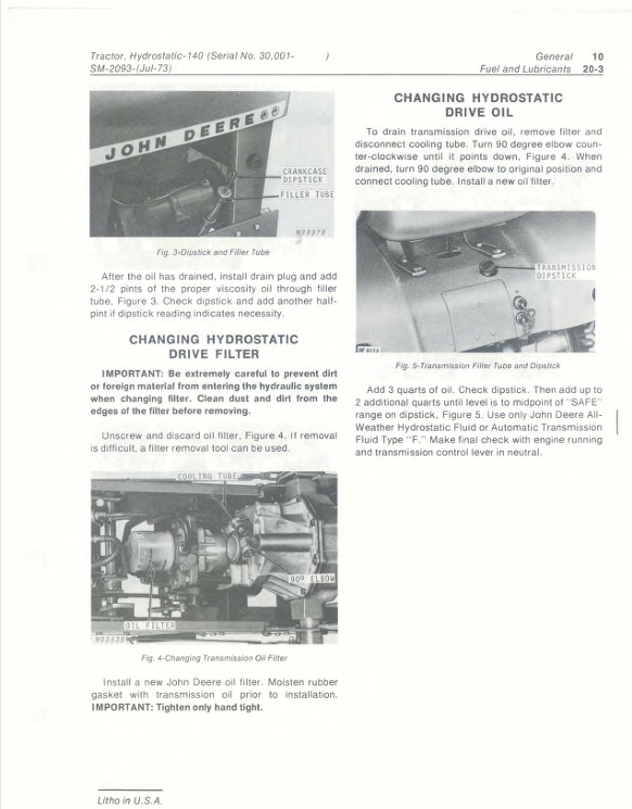 JOHN DEERE 140 HYDROSTATIC TRACTOR SERVICE MANUAL SM2093