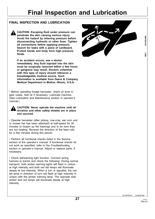 JOHN DEERE FORAGE HARVERSTER 3950, 3970 PDIE95203 K8 PRE DELIVERY INSTRUCTION MANUAL