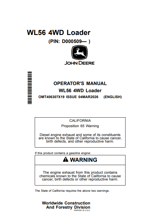 JOHN DEERE WL56 4WD LOADER OPERATOR MANUAL OMT406307X19