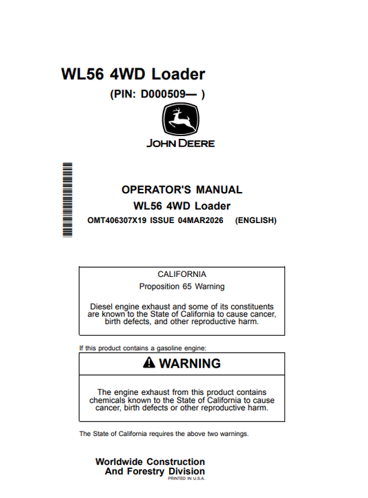 JOHN DEERE WL56 4WD LOADER OPERATOR MANUAL OMT406307X19