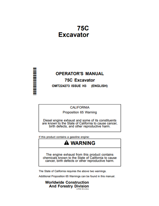 JOHN DEERE 75C EXCAVATOR OPERATOR MANUAL OMT224273