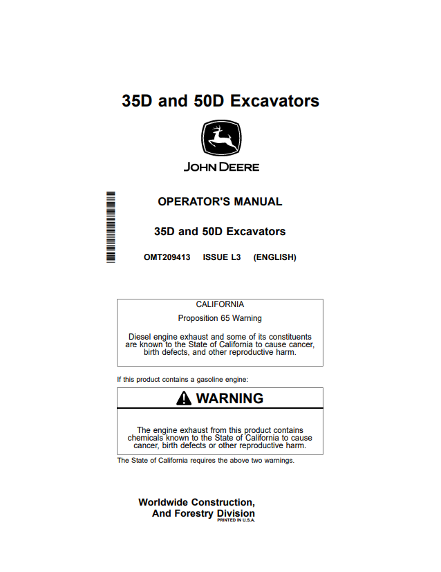 JOHN DEERE 35D AND 50D EXCAVATOR OPERATOR MANUAL OMT209413
