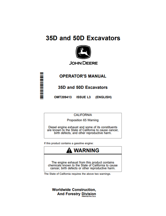 JOHN DEERE 35D AND 50D EXCAVATOR OPERATOR MANUAL OMT209413
