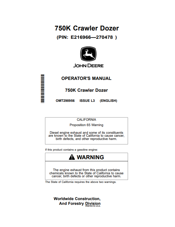 JOHN DEERE 750K CRAWLER DOZER OPERATOR MANUAL OMT298956