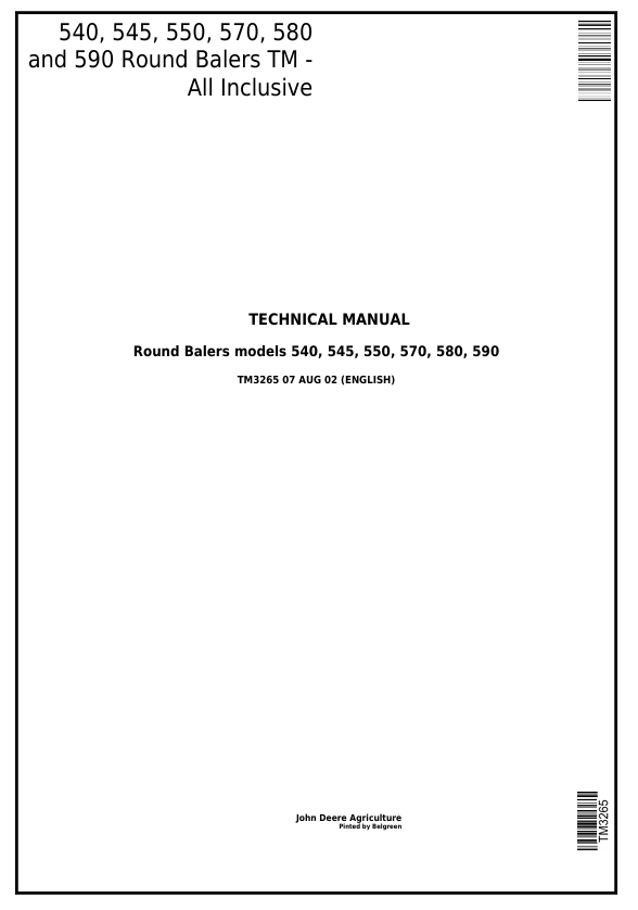 JOHN DEERE 540, 545, 550, 570, 580, 590 ROUND BALER TECHNICAL MANUAL TM3265