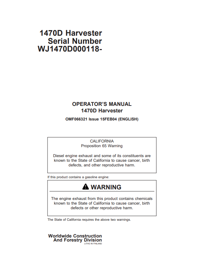 JOHN DEERE 1470D HARVESTER OPERATOR MANUAL OMF066321