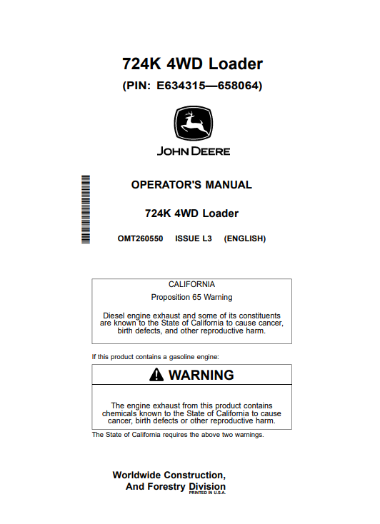 JOHN DEERE 724K 4WD LOADER OPERATOR MANUAL OMT260550